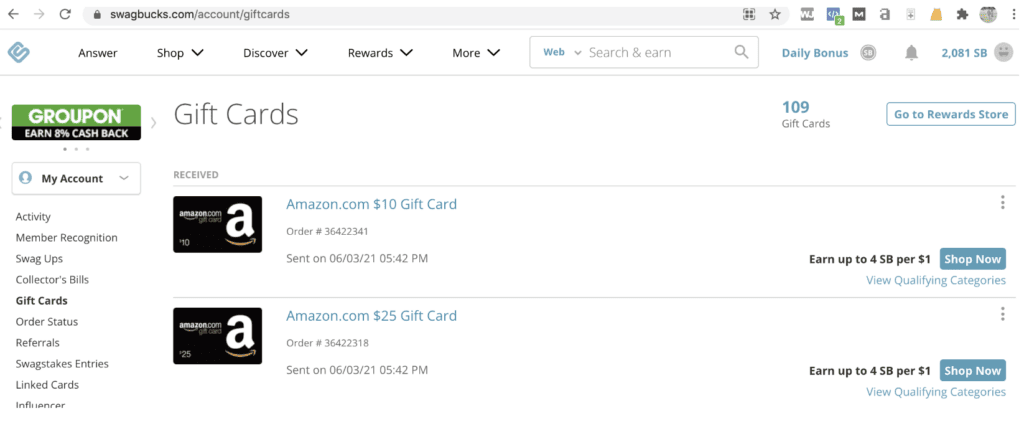 free uber eats gift card (screenshot of the free gift cards I've earned from Swagbucks)