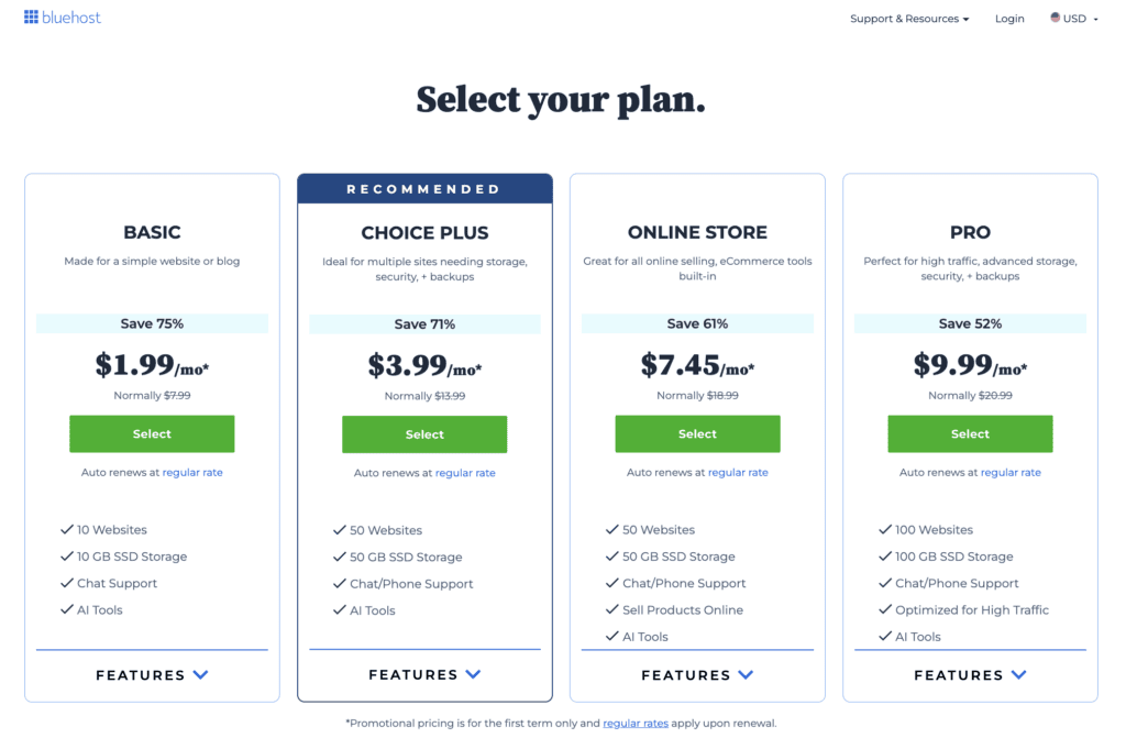 Screenshot of Bluehost pricing. how to start a WordPress blog on Bluehost